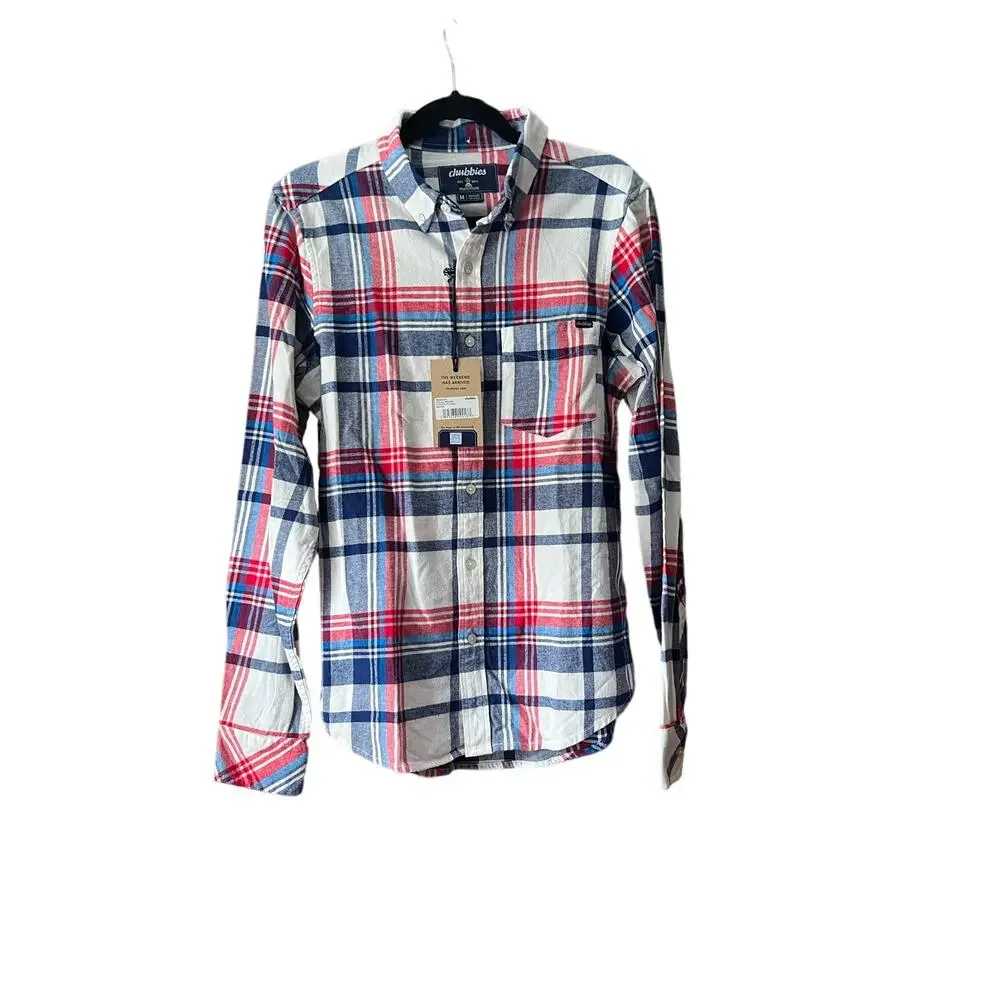 NWT Chubbies Mens The All Around Stretch Flannel Button Down Shirt Red Blue SZ M